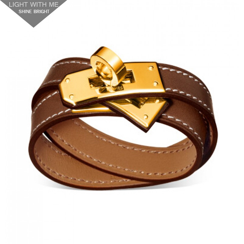 Hermes Kelly Double Tour Brown Leather Bracelet with Gold-Plated Clasp ...