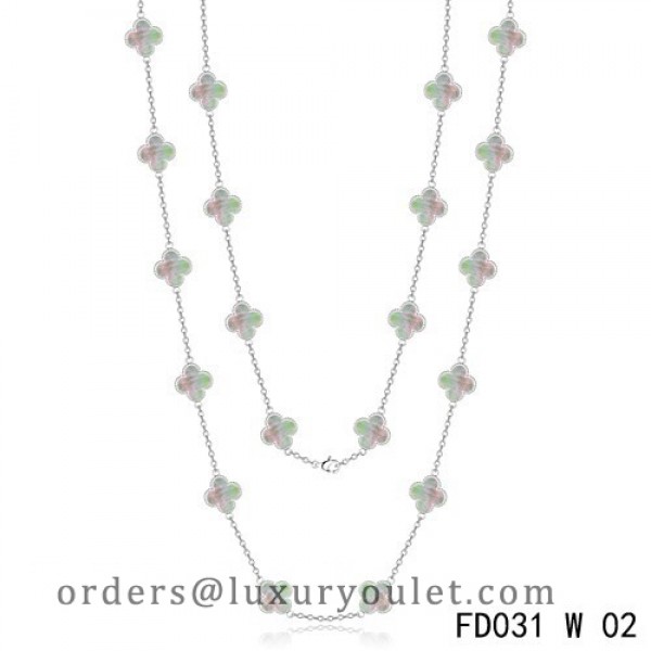 Magic Alhambra long necklace, 16 motifs 18K white gold, Diamond - Van Cleef  & Arpels