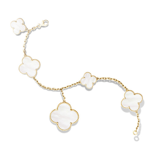 Vintage copy Van Cleef & Arpels Alhambra bracelet yellow gold 5 motifs  white mother-of-pearl : vancleef-jewelry